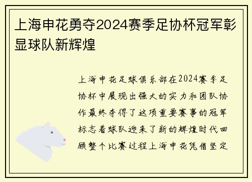上海申花勇夺2024赛季足协杯冠军彰显球队新辉煌