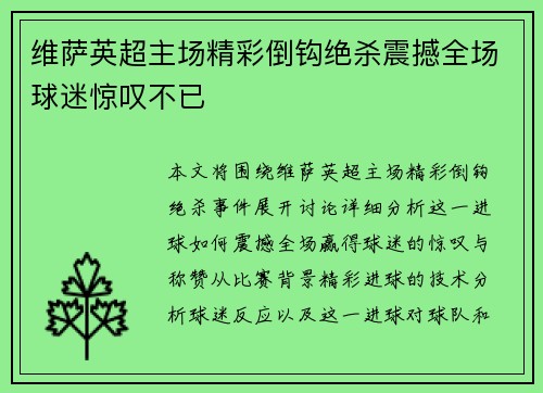 维萨英超主场精彩倒钩绝杀震撼全场球迷惊叹不已